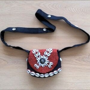 New handmade Tibetan black/red crossbody bag w natural turquoise & cowrie shells